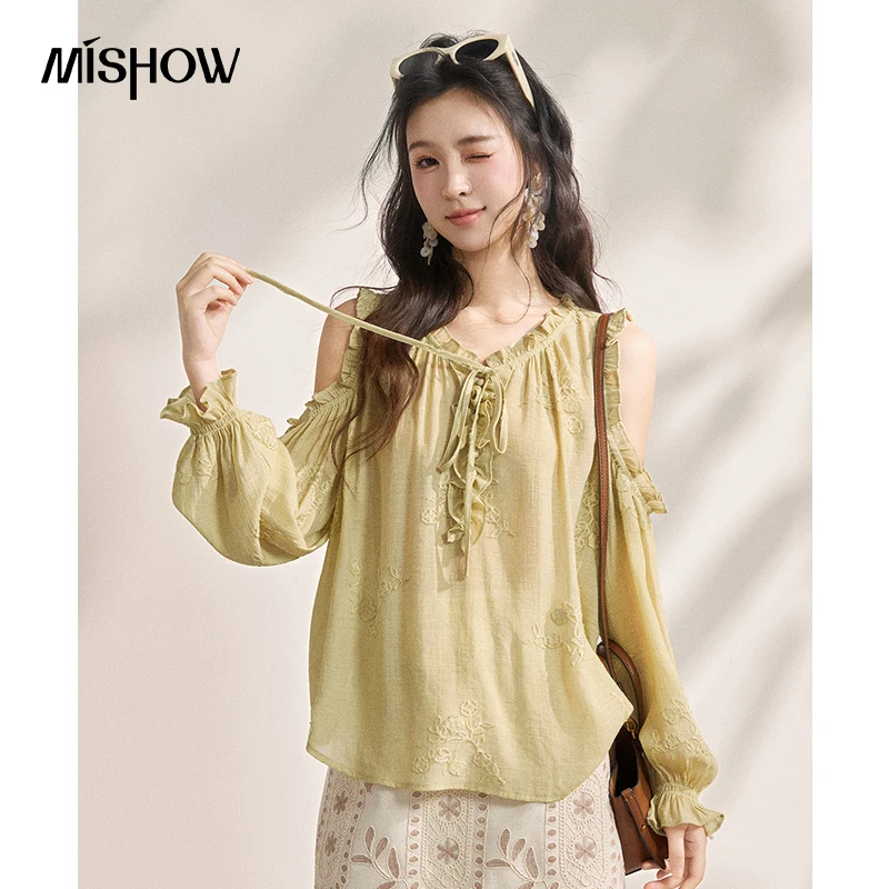 

MISHOW Women's Off-shoulder Sleeve Embroidered Blouse 2026 Spring Ruffle Tie Neck Blouse Elegant Loose Solid Top MXF21X2586