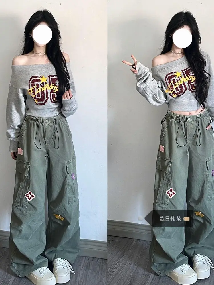 

Women Spring New Vintage Streetwear Style Elastic Low Waist fashion Military Green Cargo Jeans Wide Leg Pants Trousers