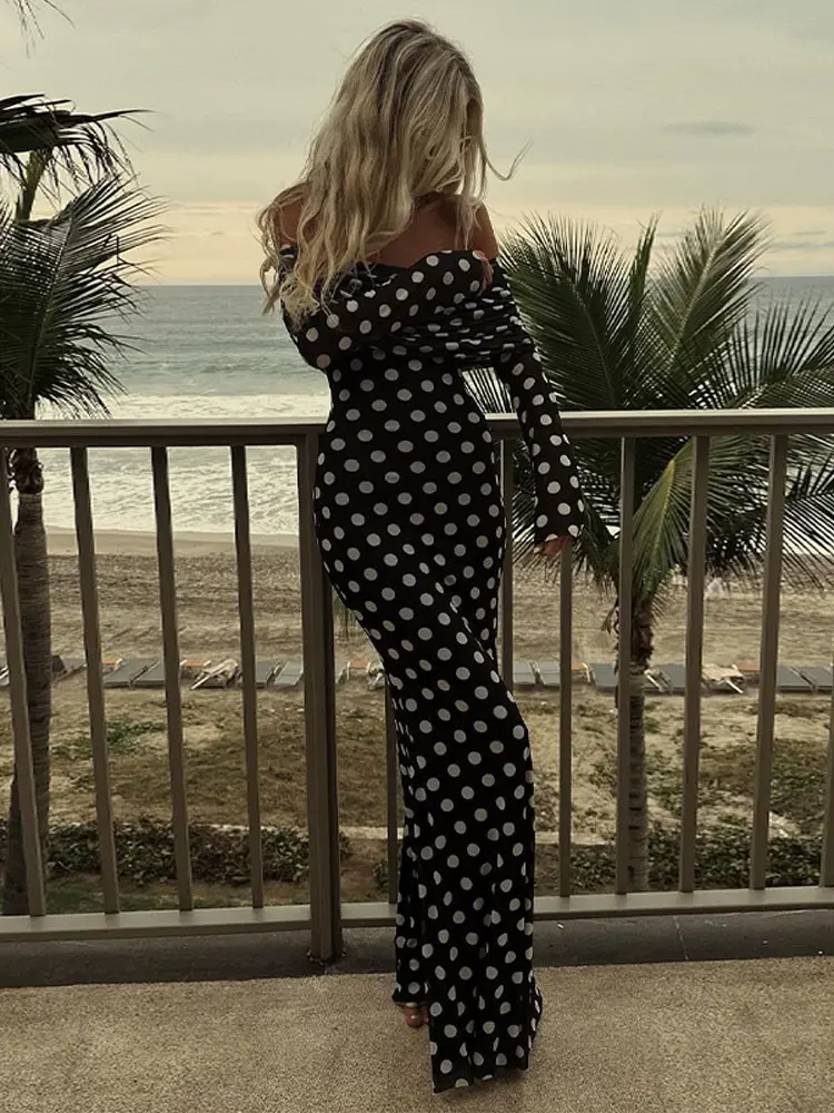 Fashion Women Full Sleeve Off Shoulder Polka Dot Maxi Dress Sexy Backless Elegant Slim Vestdios 2025 Spring Chic Beach Robes ﻿