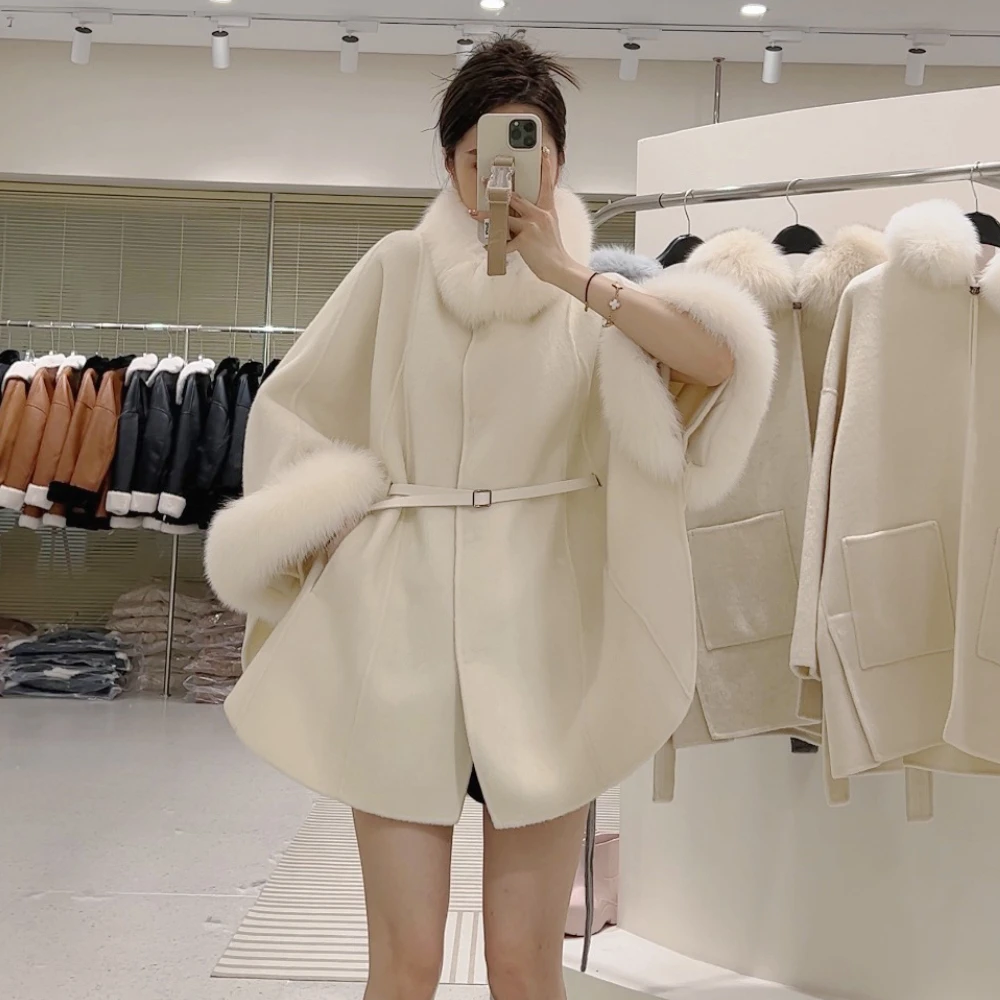 Reality Fur Jacket Women's Warm Thick Fur Detachable Real Fox Fur Collar Coat Cloak Female Wool 2025 New Autumn Winter Coat