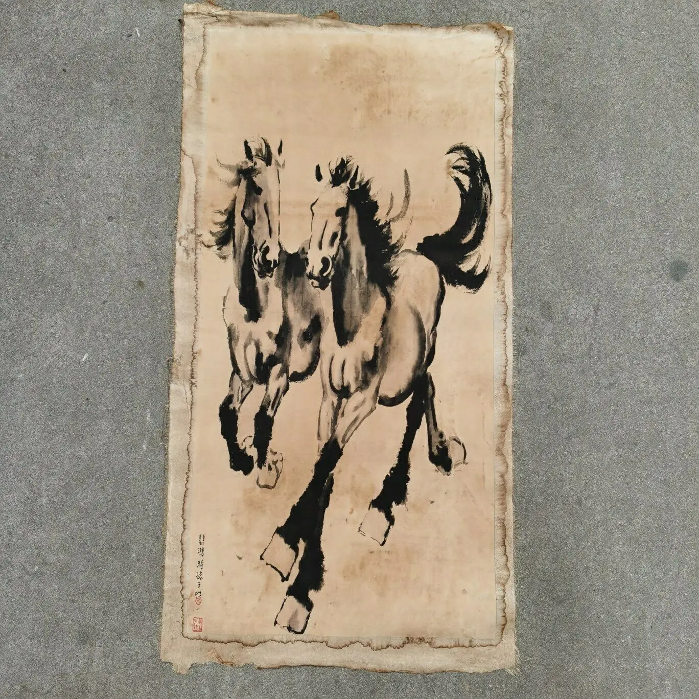Chinese Old Scroll Xu Beihong - Shuangma Rice Paper Painting Slice