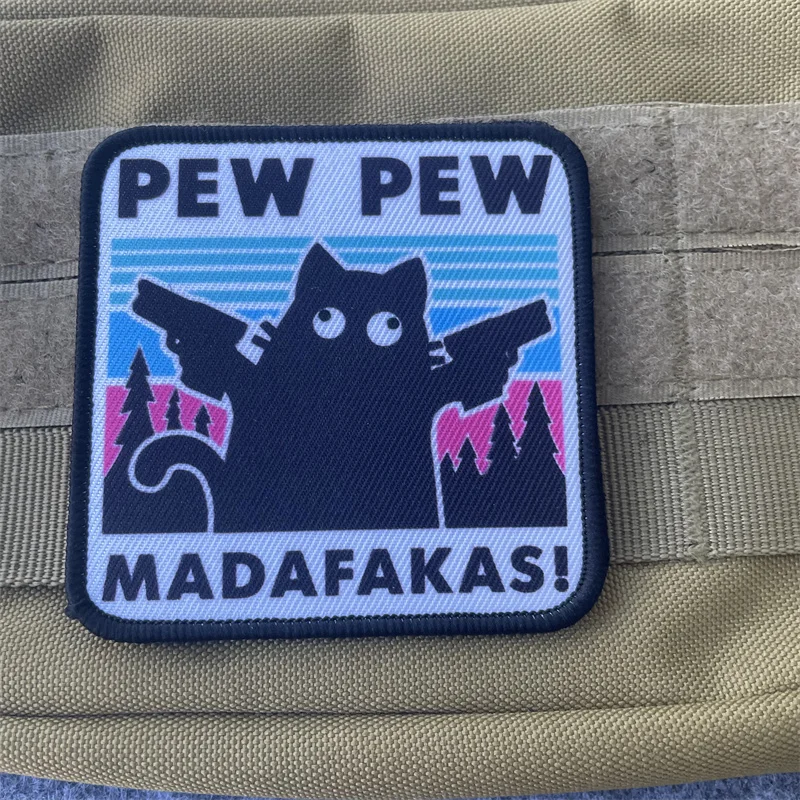 Pew Pew Madafakas Tactical Patches Embroidery Hook&Loop Patch Military Double Spear Black Cat Morale Badge Backpack Stickers