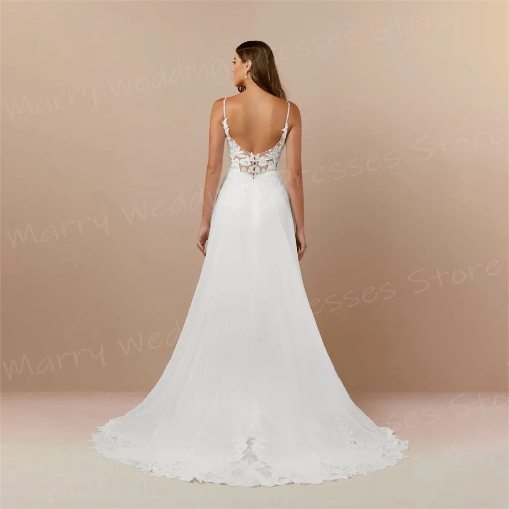 Robes de mariée A-Line pour femmes, appliques de dentelle classiques, robe de mariée populaire, bretelles spaghetti, fibre dos nu