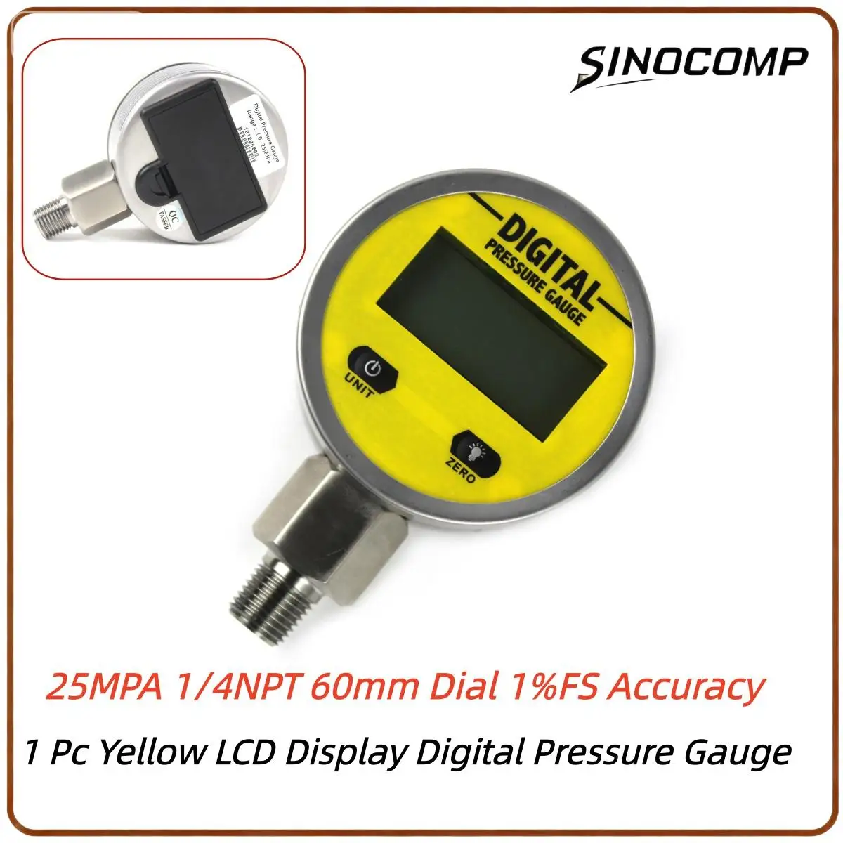 1 قطعة شاشة الكريستال السائل الأصفر مقياس الضغط الرقمي 25MPA 1/4NPT 60 مللي متر الطلب 1% FS دقة حالة الهواء/الغاز/الماء/قياس ضغط الزيت #1