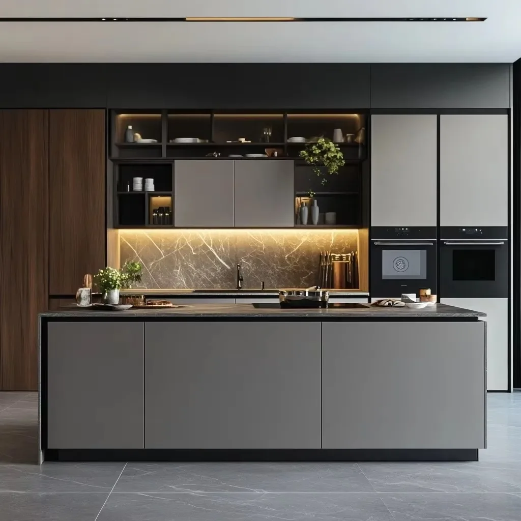 %j&  Fitted Smart Kitchen Cabinets Solid Wood Carcass Lacquer Finish with Light Curved Island Open Cabinet Quartz Countertop