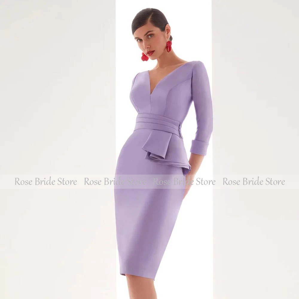 Special Occasion Dresses Lavender Ruffles Sheath V-neck Knee Length Women\'s Cocktail Party Gowns Column 3/4 Sleeves Formal Dress