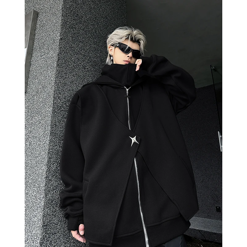 الخريف الشتاء الأمريكية شارع العليا الرجال عالية الياقة وهمية قطعتين رمادي مقنعين سترة فضفاضة عادية اليومية سترة مخملية سوداء #6