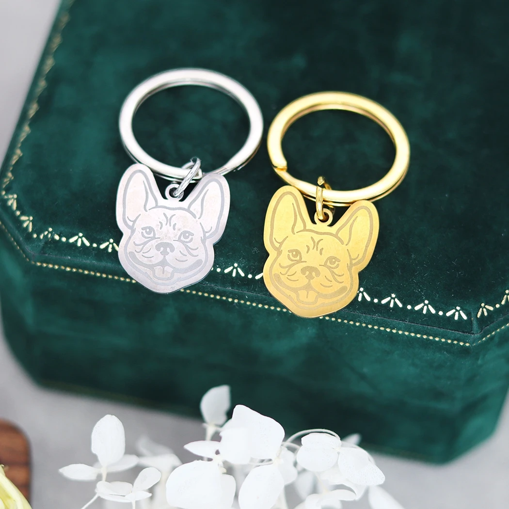 Qiamni-男性と女性のためのかわいいフレンチブルドッグキーホルダー、ステンレス鋼、カスタム名、番号、動物のペンダント、キーホルダー、パーティージュエリー、ギフト