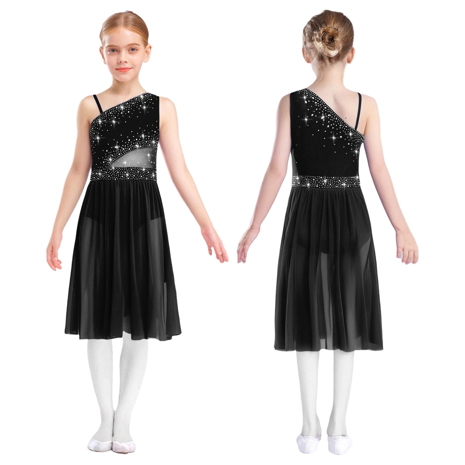 

Kids Girls Lyrical Dance Dress Ballet Figure Skating Gymnastic Stage Performance Costume Sleeveless Sheer Mesh Leotard Dresses