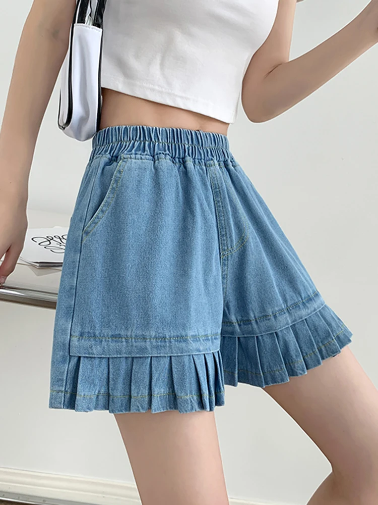 

Свободные женские джинсовые шорты больших размеров, летние джинсы с эластичной резинкой на талии, широкие джинсы, шорты, женские хлопковые плиссированные короткие штаны Kawaii