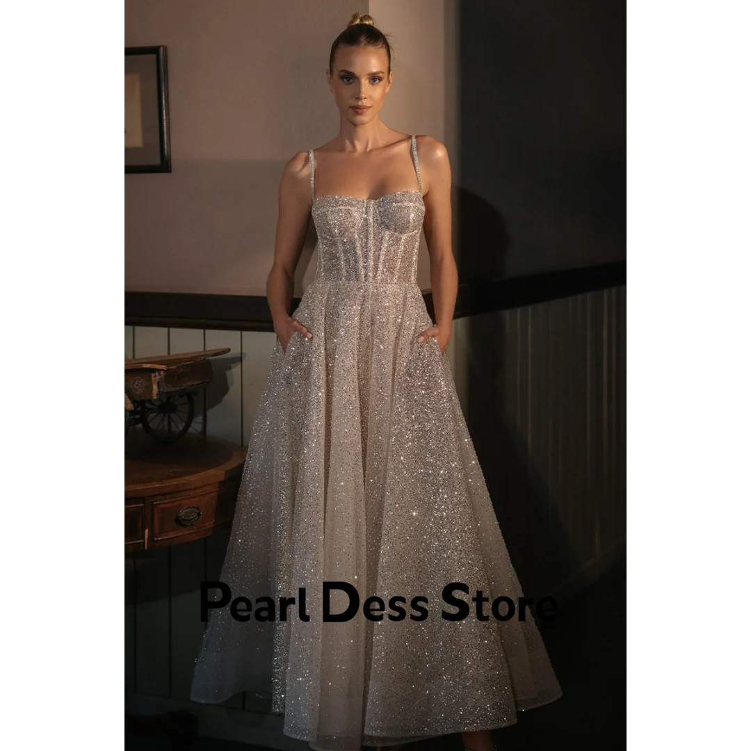 

Pearl Evening Dresses Woman Elegant Party Dresses for Women Luxury Evening Dresses 2024 White Shiny Spaghetti Straps Line A Gala