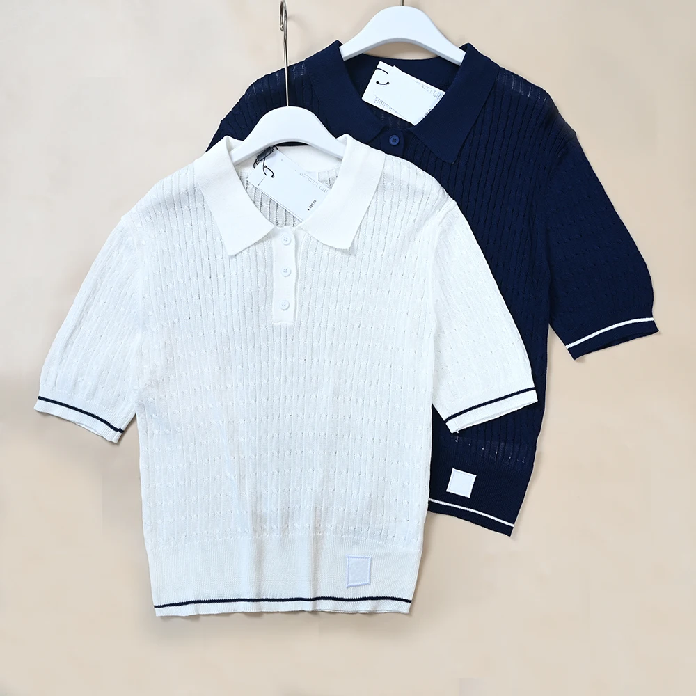 

New Women's Knitted Short Sleeve Shirt Twist Flower Letter Casual Style Color Block Patchwork Top Summer Fashion