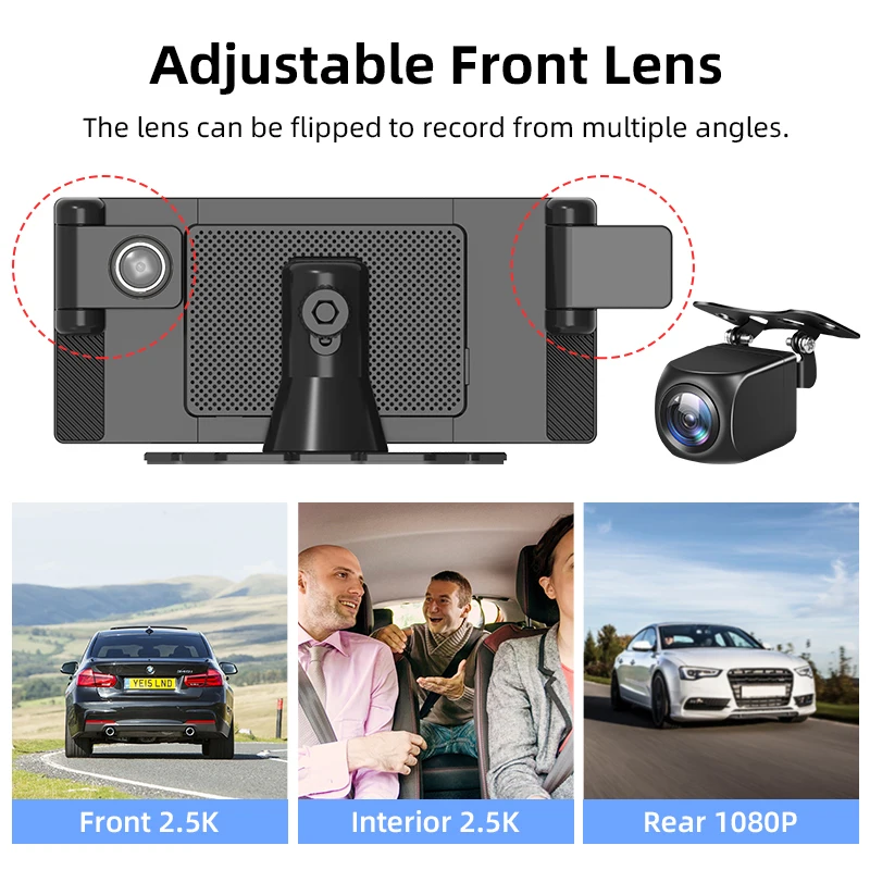 2.5K Car Dash Cam Front and Rear DVR 8.9'' Android Auto CarPlay Rotatable Lens Video Recorder Dashboard Monitor GPS Navigation