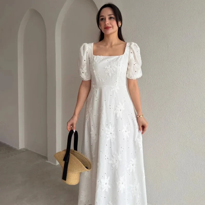 

2026 Spring Summer New Womens Fashion Elegant Solid Color Short Sleeve Square Neck Open Back Casual Dress