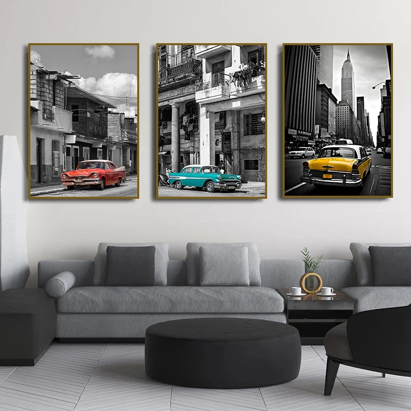 الأصفر تاكسي مدينة نيويورك لشبونة ريترو الترام البرتغال الكلاسيكية سيارة المشارك أبيض وأسود قماش اللوحة طباعة جدار غرفة المعيشة ديكور المنزل