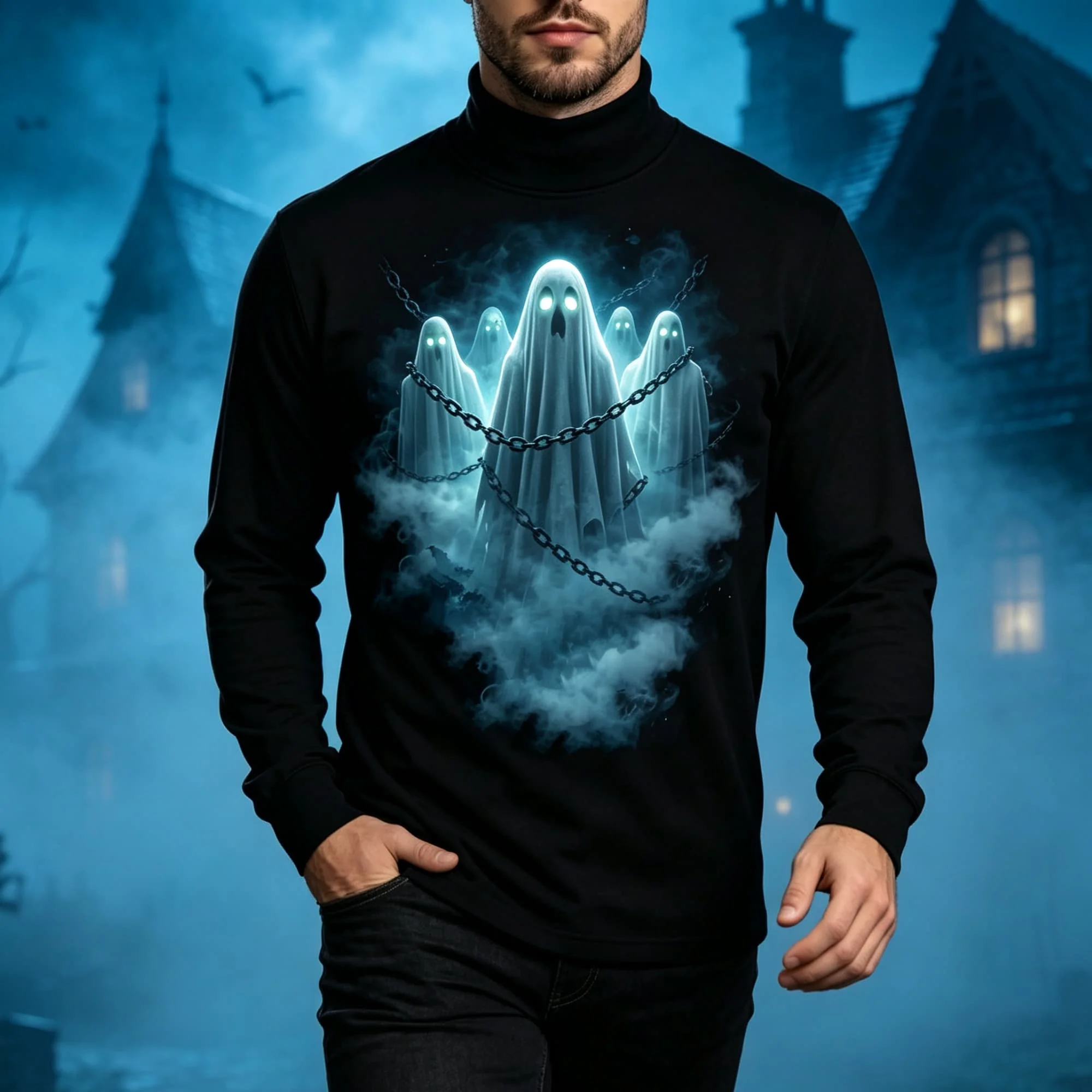 2026 New Men Spooky Phantom Print Turtleneck Long Sleeve T‑Shirt, Halloween Dark Gothic Style Polyester Casual Fall Pullover Tee