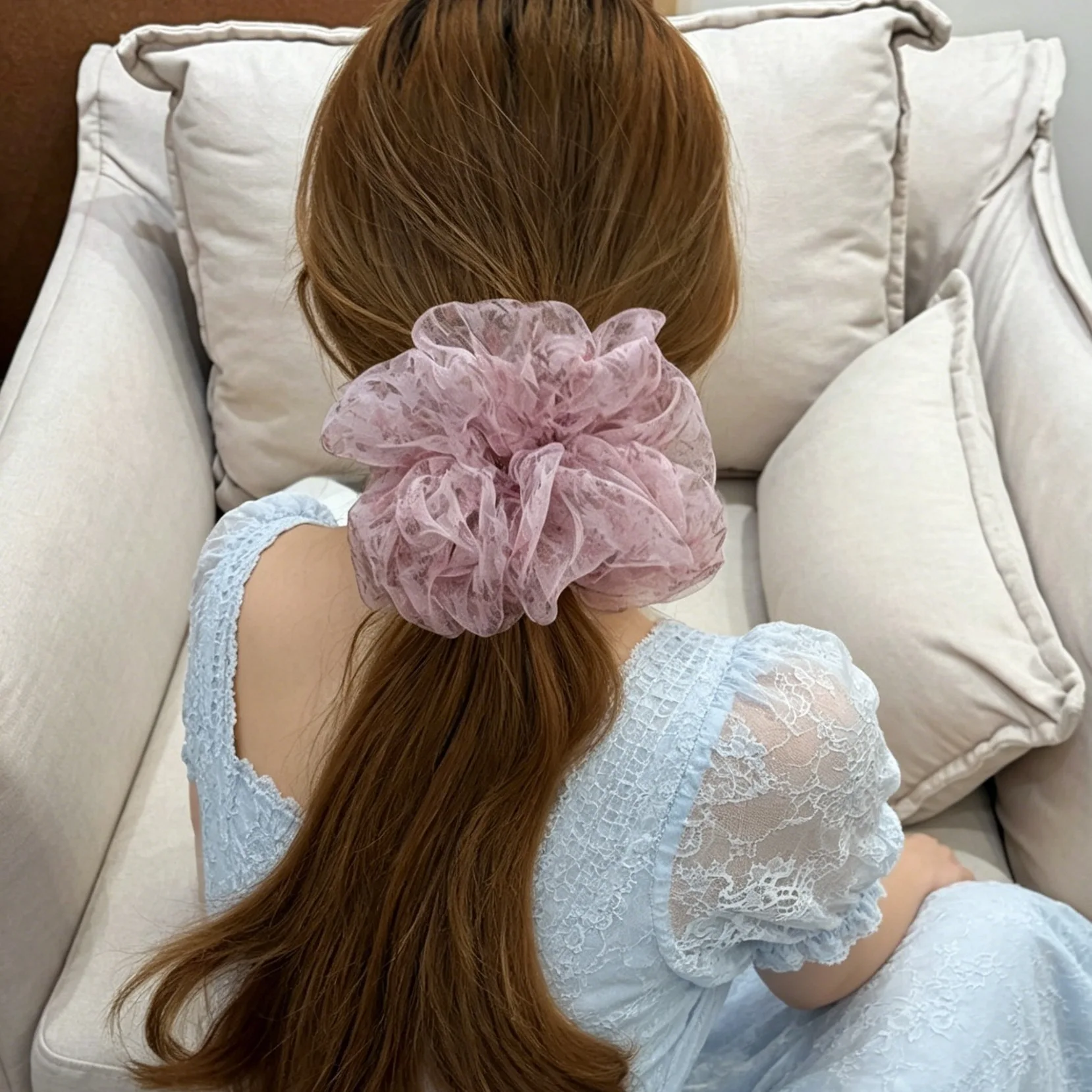 Scrunchie French Organza Floral Print Oversized Soft Gentle Stylish Premium Elastic Ponytail Holder for Women Daily Office Wear