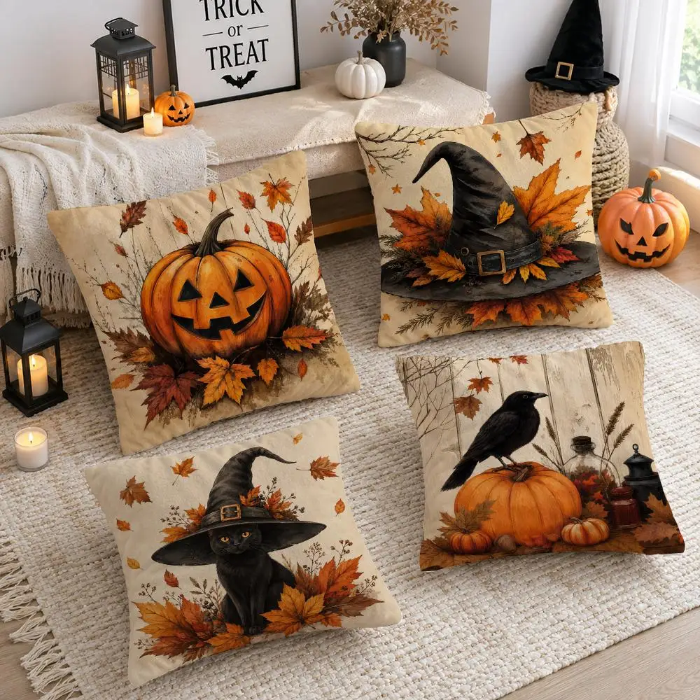 Halloween Raven Witch Hat Cushion Cover Soft Short Plush Double-Sided Printing Home Decor Machine Washable Pillow Case Gift