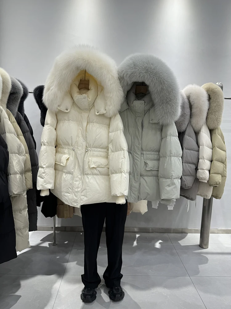 2025 Winter New Korean Version Loose Waist Cincined Thick Coat Fox Big Hair Collar Solid Color Elegant Warm Down Jacket