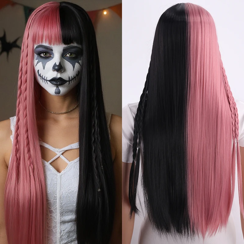 Wig, European and American Wig, Women's Bangs, Two Tone Long Straight Hair Synthetic Fiber Wig