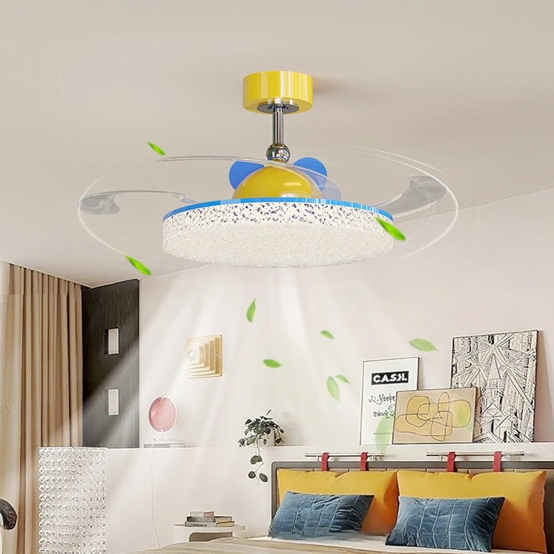 Memphis Color Invisible Ceiling Fan Lights Children's Bedroom Study Cafes Parlor Dopamine Electric LED Fan Pendant Lamps Fixture