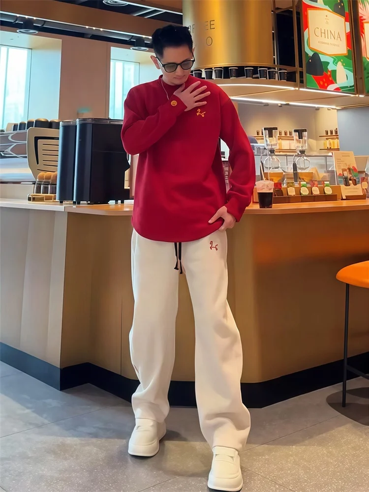 

High-End Men's Embroidered Fce Lined Thiened Winter Sportswear Set Casual Sweatirt And Pants Two-Piece Knitted Youth O...