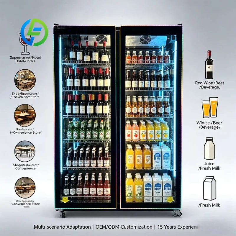 LED Full Screen Glass Doors Commercial Air Cooling Beverage Cooler Upright Showcase Refrigerator for Wine and Beverages