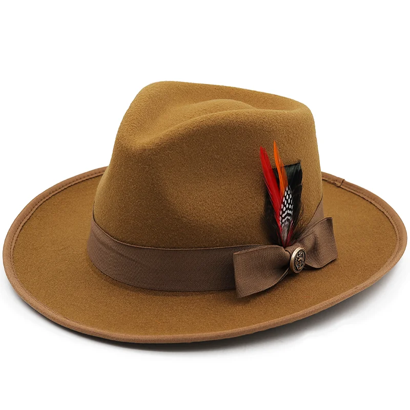 Chapeau en feutre 100% laine pour hommes et femmes, Vintage, Gangster, Trilby, Fedora, avec bande de plumes, à large bord, pour messieurs, élégant, église, Jazz, casquettes