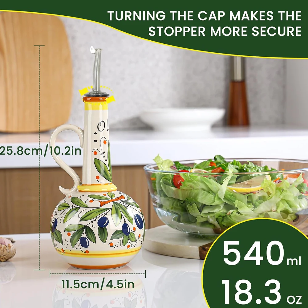 18 oz Ceramic Olive Oil Dispenser Bottle for Kitchen, Large Capacity Oli and Vinegar Cruet with Stainless Steel Spout, 540ml