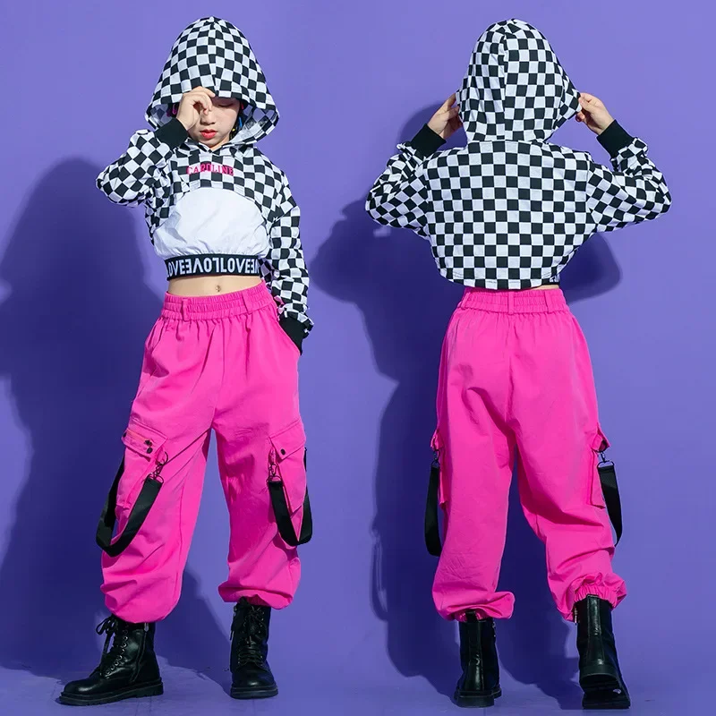 Hip Hop Girls Plaid Hoodies Pink Cargo Pants Kids Crop Top Joggers Street Dance Clothes Set Child Jazz Streetwear Stage Costumes