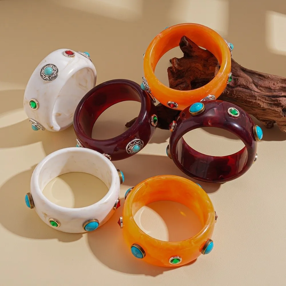 

Bohemian Turquoise Acrylic Bracelet Wide Turquoise Acrylic Rhinestone Bangle Minority Design Europe American Style