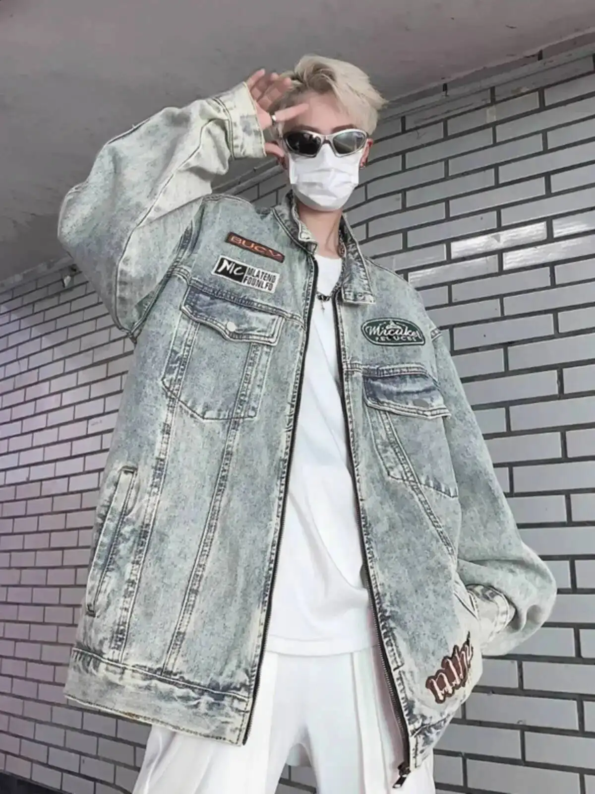 رجل إمرأة الدنيم سترة معطف 2025 الخريف للجنسين شارع العليا الوقوف طوق مبطن الكتف تصميم فضفاض عادية مطرزة غسلها