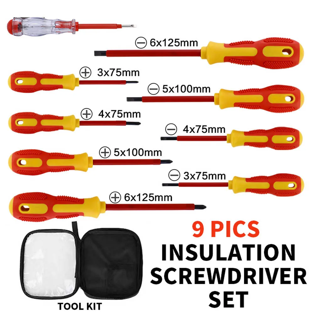 9Pcs 1000V Insulated Electrician Screwdriver Set Magnetic Tips Cr-V Steel Voltage Tester Ergonomic Grip Hand Repair Tools