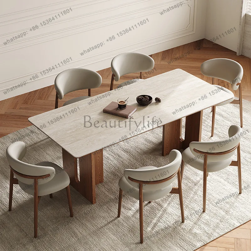 Wabi Sabi antique solid wood dining table and chairs walnut-colored rectangular small apartment household rock slab dining table