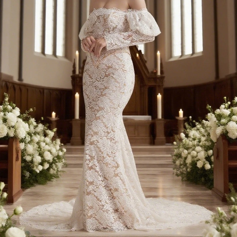 

Exquisite lace Elegant interpretation of off shoulder long sleeved fishtail wedding dress Bride Wedding Dresses Bridal Gowns