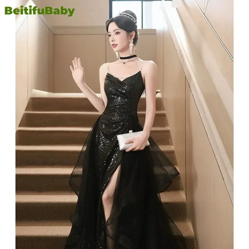BeitifuBaby Elegant Women\'s Evening Dresses Strap V-neck Black Sequin Banquet Gown Lace Skirts Party Dress for Women Vestidos