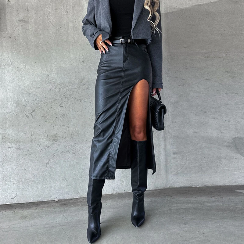 Winter Fashion High Slit Commuter Long Skirts 2024 Temperament Solid Bodycon Leather PU Skirt Women New Bag Hip Half Party Dress