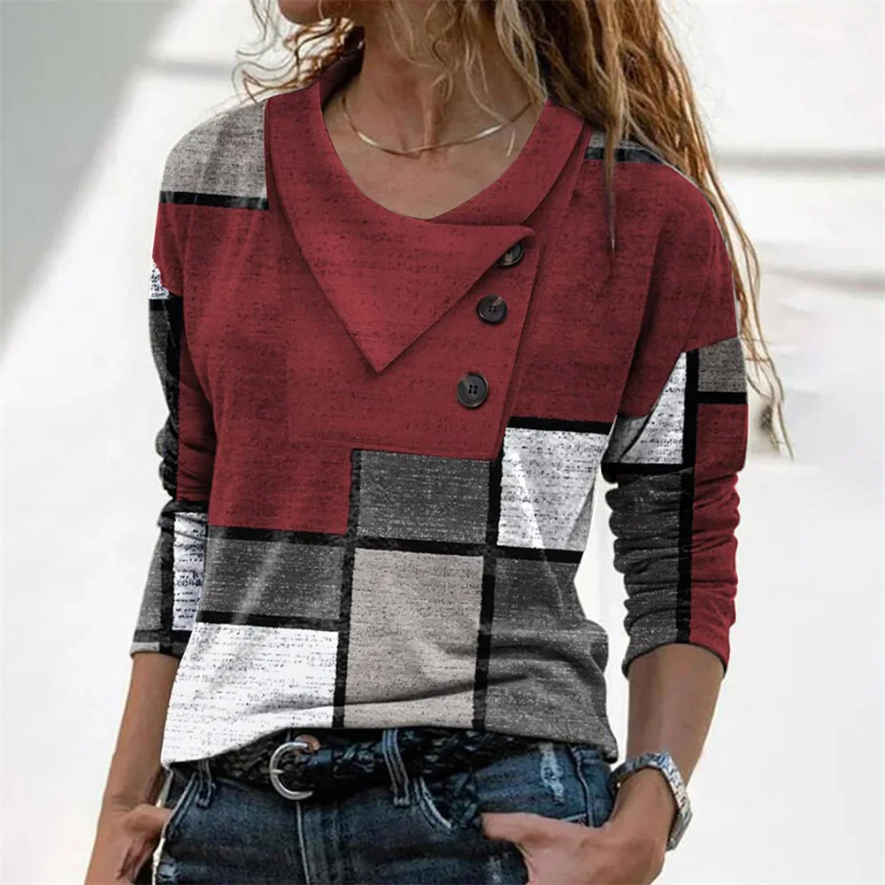 

2022 Geometric Contrast Long Sleeve Printed Loose T-Shirt Women Top Spring Autumn New Cross V-Neck Button Elegant Lady T Shirt