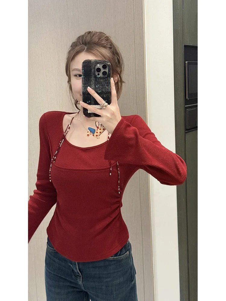 

Original High-Yarn Knitted Top iny Tead Heavy Weave Casual Sle Long Sve round Ne Thiened Winter Faion for Women