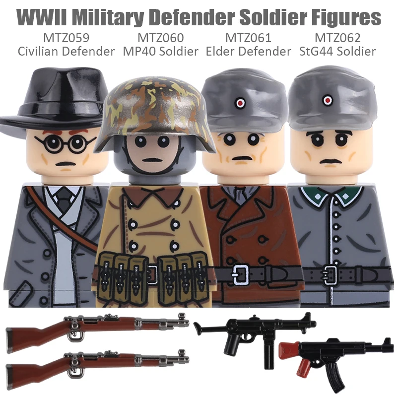 MOC WW2 Military Soldier Figures Building Blocks Army Civilian Elder Defender Helmet StG44 MP40 Gun Accessories Bricks Toys Kids