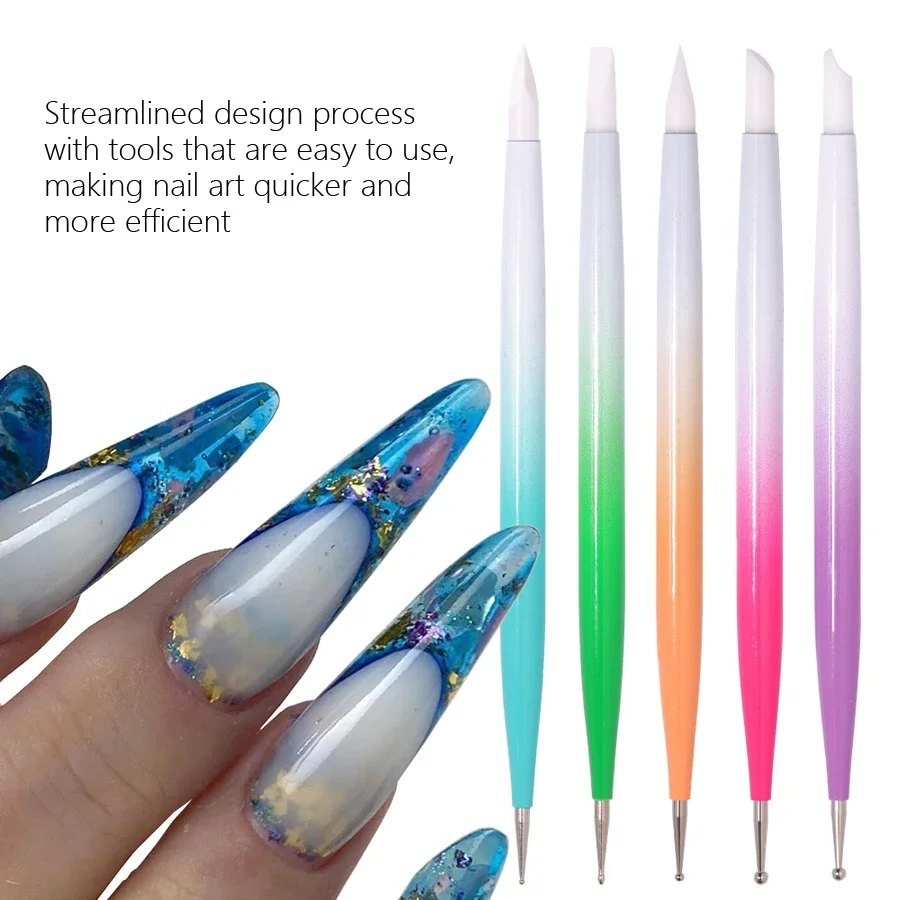 5Pcs Double-Headed Silicone Nail Art Pens Rhinestones Picker 3D Nail Carving Dotting Manicure Tools for Nail Art Design