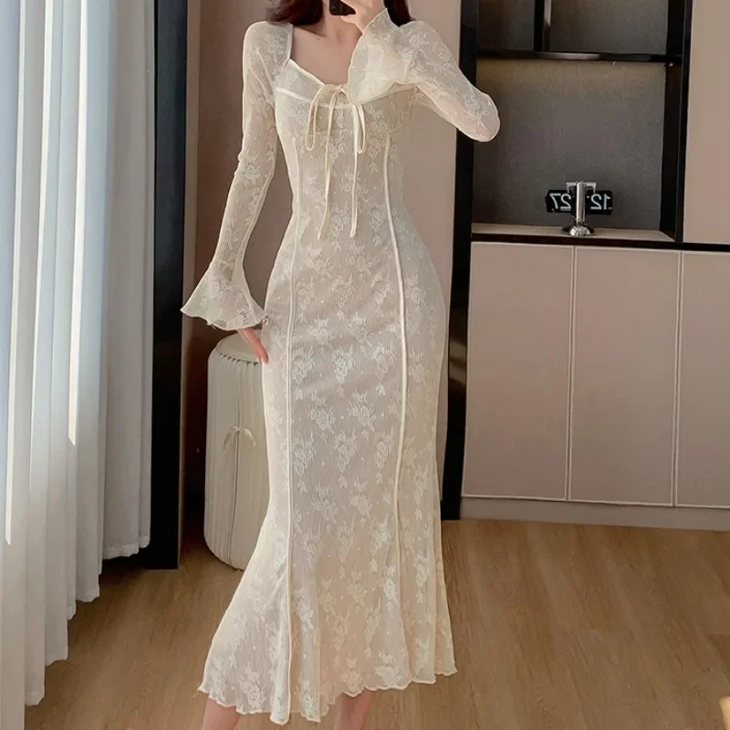 Apricot Lace Dress Women Vintage Elegant Square Neck Flare Sleeve Elegant Womens Clothing Evening Long Bodycon