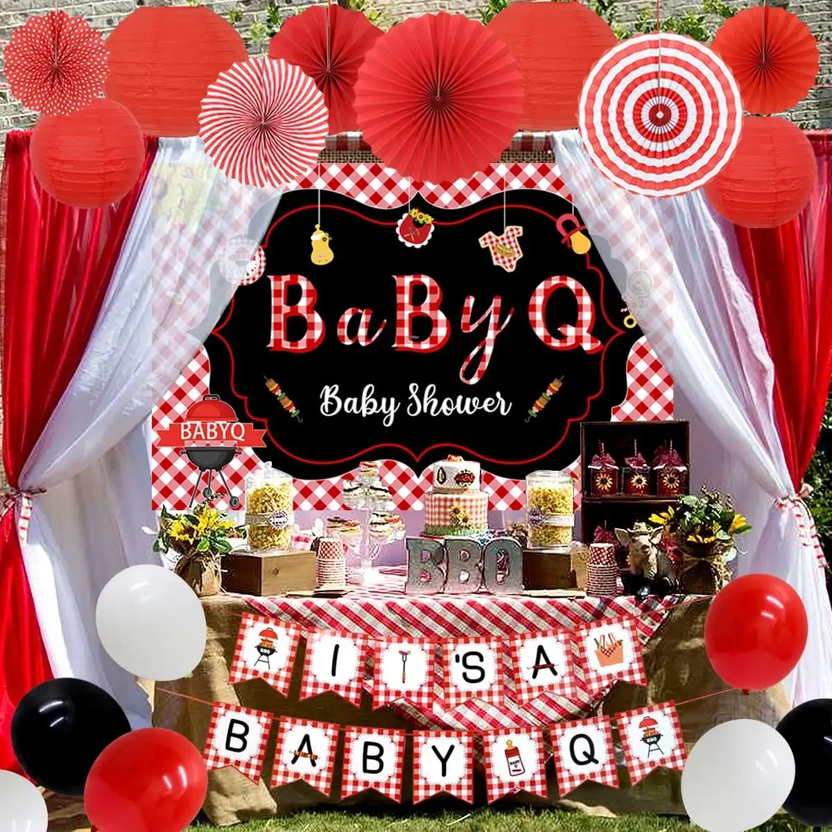 BBQ Party Backdrop Set for Birthday Party, Baby Shower Decorations, Q Banner Paper Supplies with Red Picnic Theme