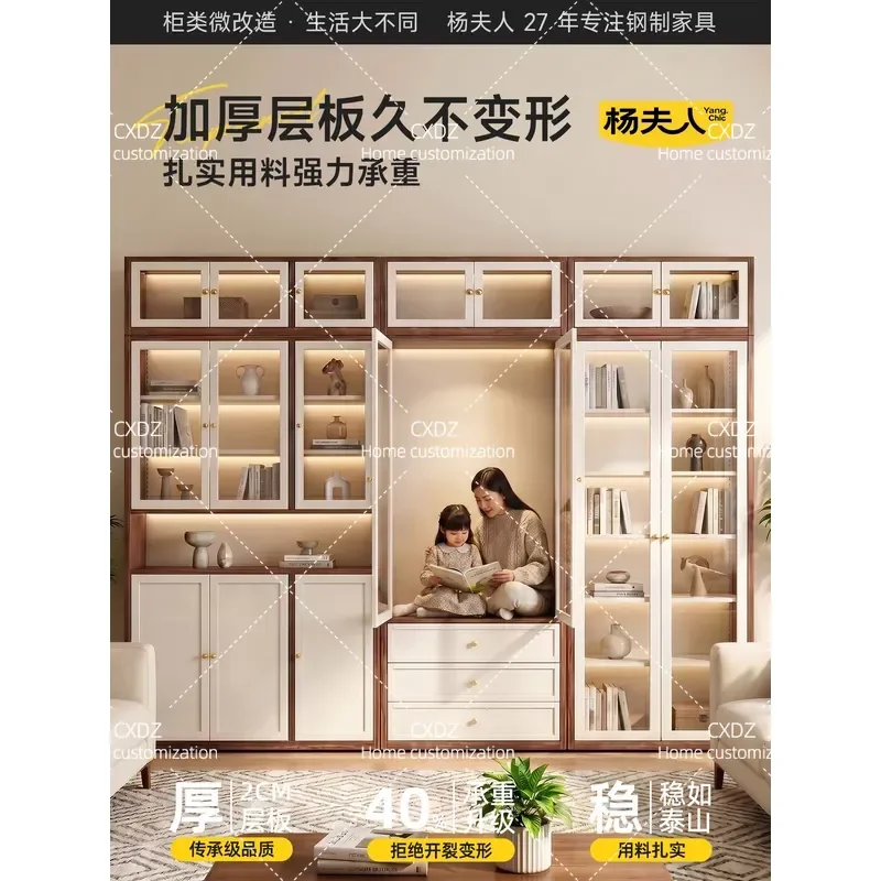 Steel Bookcase with Glass Door Display Cabinet Floor to Ceiling Storage Shelf Wall Mounted Combined Bookshelf for Living Room