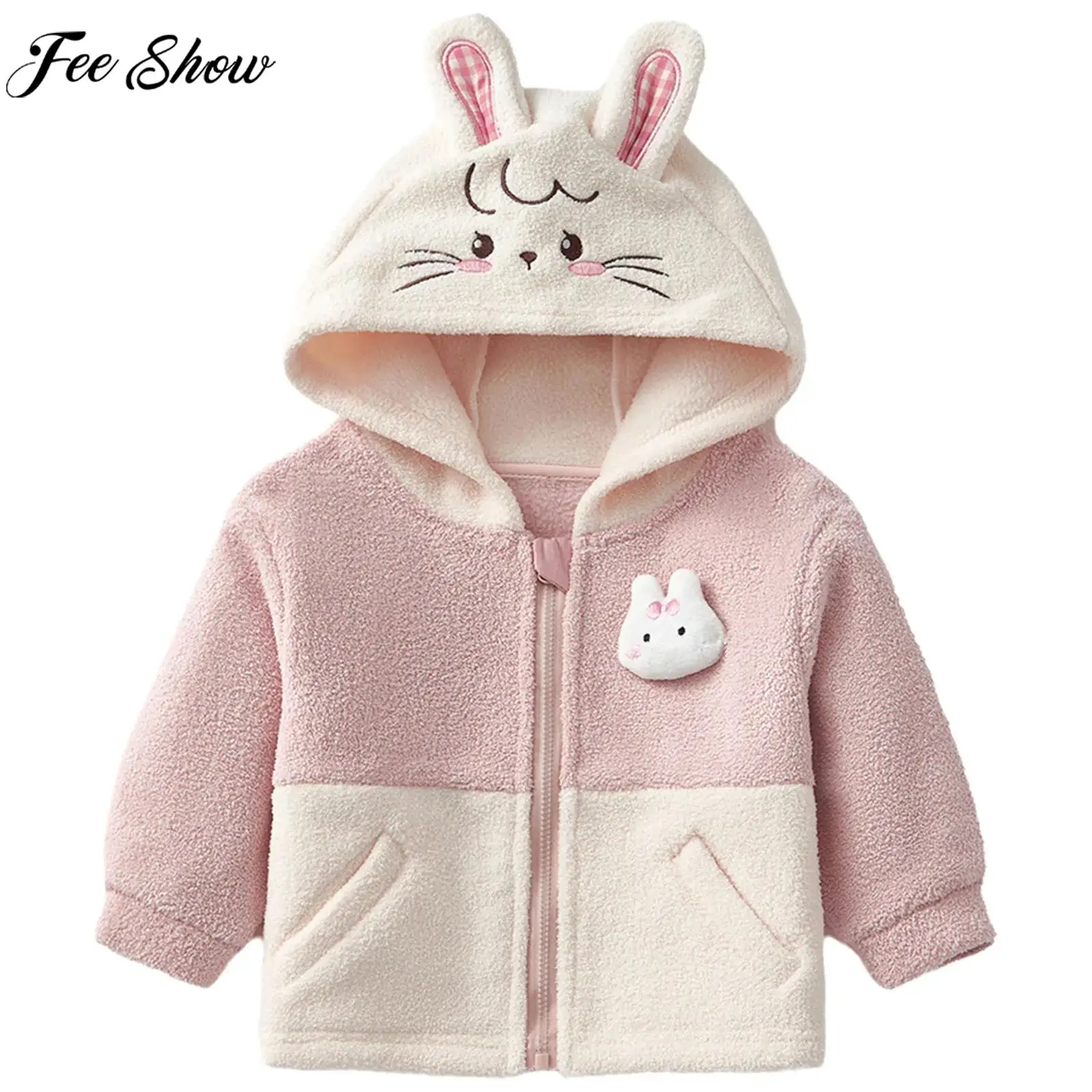 

Зимняя теплая флисовая куртка с капюшоном для маленьких мальчиков и девочек, пальто с длинными рукавами, повседневная верхняя одежда на молнии с милыми животными для повседневной школы