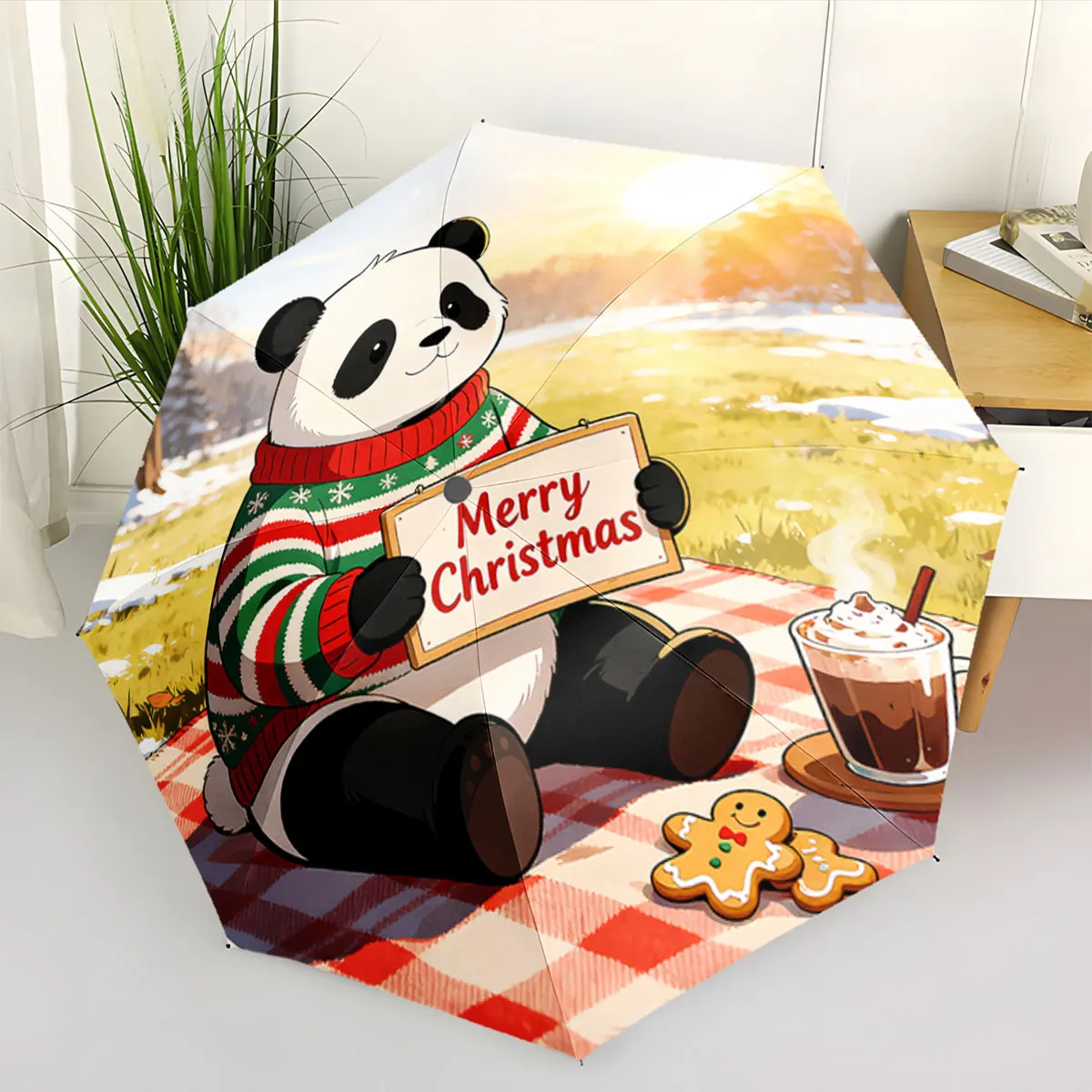 Cute Panda Holding Merry Christmas Sign in Festive Scene portable waterproof sun rain umbrella for outdoor travel beach