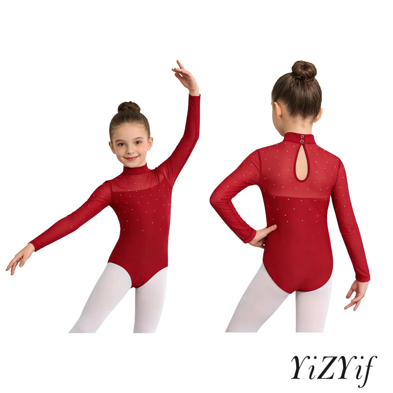 

Kids Basic Ballet Jazz Leotard Girls Turtleneck Long Sleeve Shiny Rhinestone Mesh Patchwork Romper Gymnastics Modern Dancewear