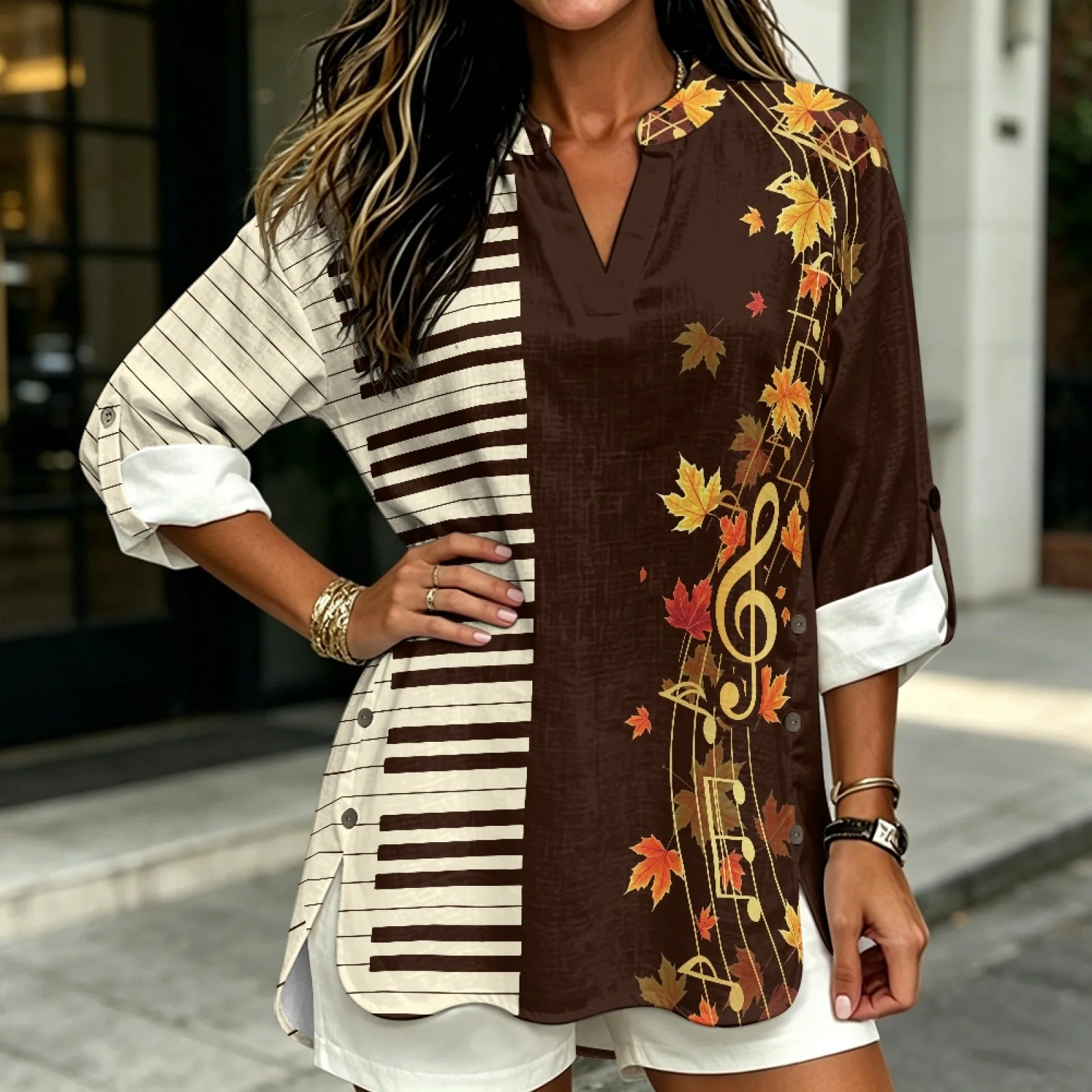 PENSTROLL Piano Maple Music Linen Like Long Sleeve Blouses Breathable Long Sleeve Tops for Women for Ladies Sizes S-5XL