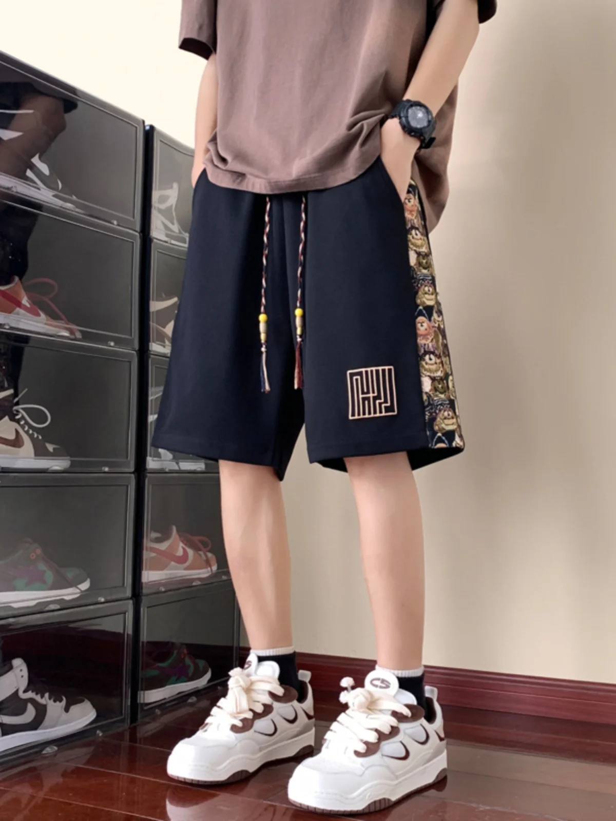 

Мужские летние спортивные шорты с вышивкой медведя, в стиле ретро, с комбинированными вставками, повседневные, свободного кроя, в уличном стиле, длиной до колена, из дышащего полиэстера