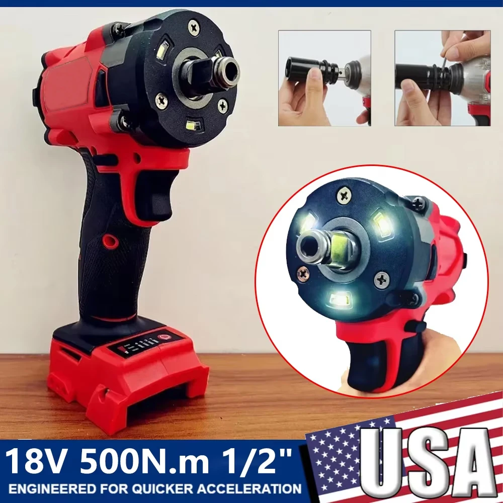 

500N.m 1/2" Brushless Electric Driver Screwdriver 4 Gears Cordless Impact Wrench for Milwaukee 18V Battery Car Tires Power Tools